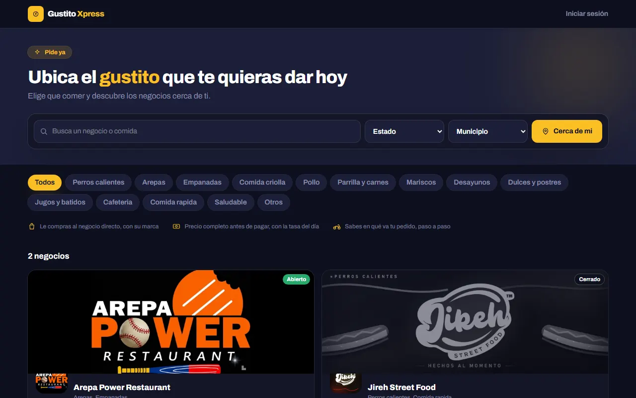 Pedir, la pantalla del cliente de Gustito Xpress, captura real
